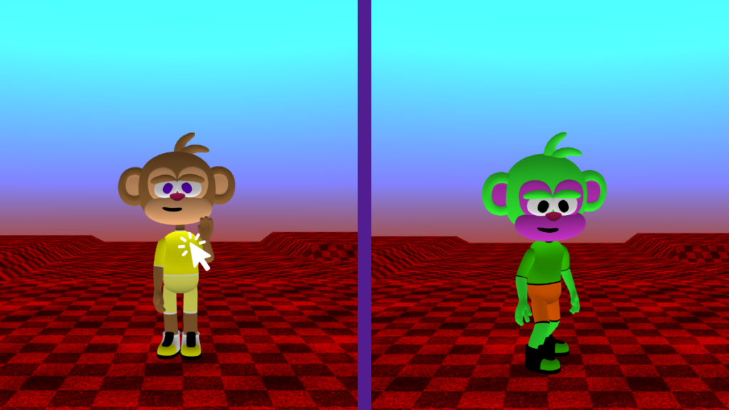 A monkey character is wearing yellow then switches to green.
