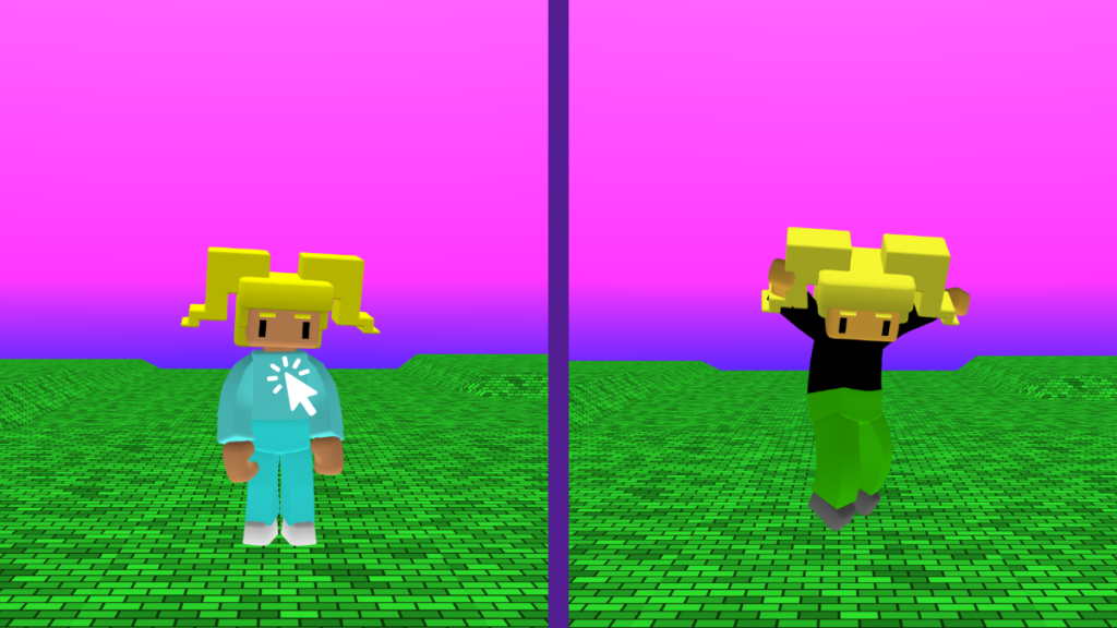 A character with blonde hair and a blue outfit switches to a black top and green trouser.