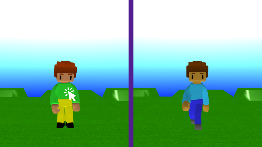 A character wears a green top and yellow trousers and switches to a light blue top and dark blue trousers.