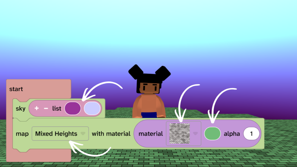 Arrows point to the relevant code blocks to change that are explained in the text. This world uses purple and a green brick floor.