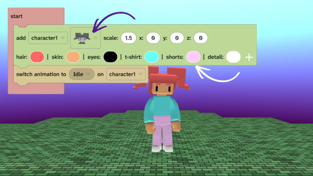 Arrows point to the character choice section of the add character block and the colours. This character has a blue top and pink trouser.