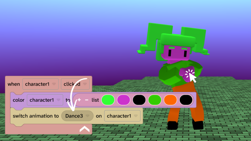 The switch animation block has been added and set to dance3.
