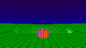 A 3d scene with a funky pumpkin with stripes and multiple colours.