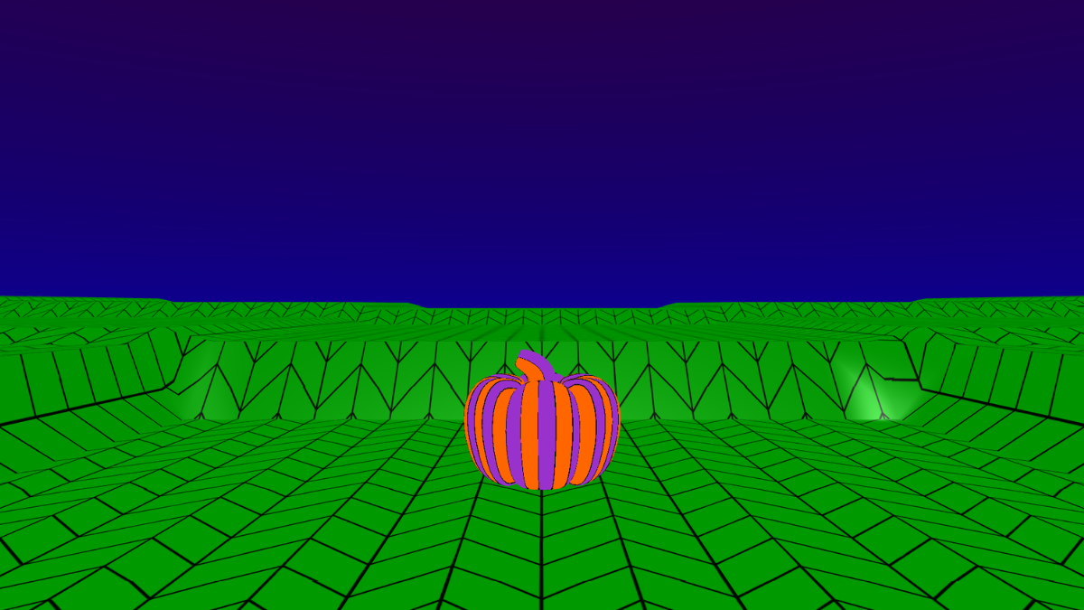 A 3d scene with a funky pumpkin with stripes and multiple colours.