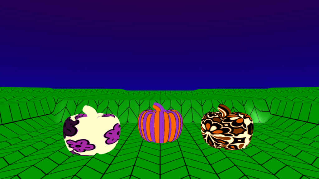Three pumpkins with different materials.