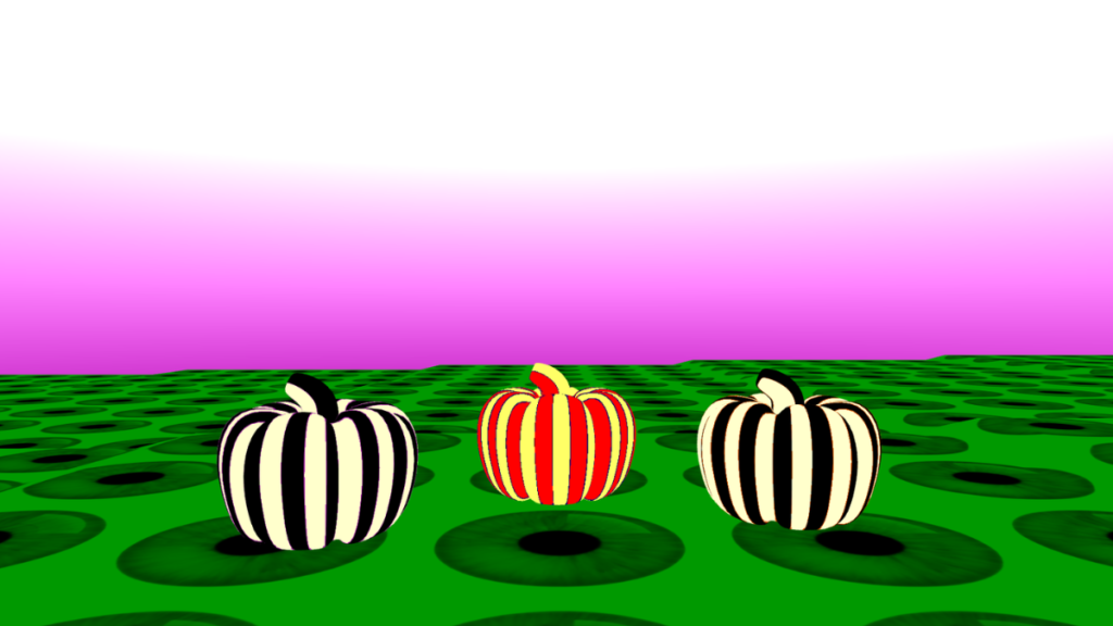 Three pumpkins with different materials.