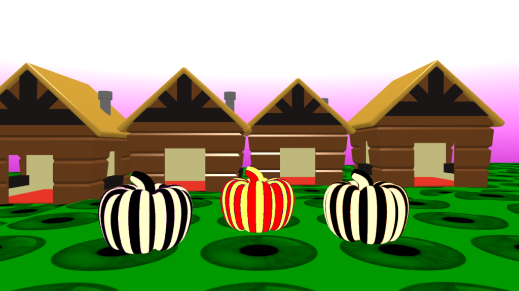 Three pumpkins with different materials in front of a row of houses.