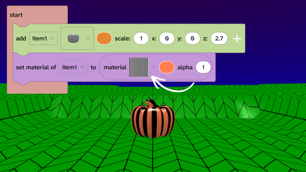 The material block is highlighted next to a stripy pumpkin.