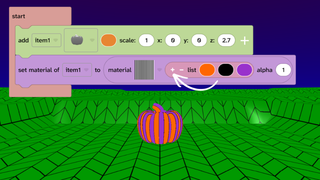 A list of colours has been added to the materials block and now the pumpkin has three colours.