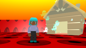 A 3D character standing in front of a hut that has a ghostly glow and ghost effects.