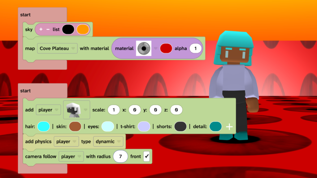 The Flock XR canvas shows a 3D world with orange sky and steep terrain that is red with an eyeball pattern. A player is standing idle in the centre of the world. Code blocks show the 'sky' and 'map' block and player controls.