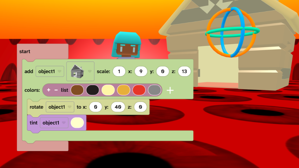 A hut in the 3D world has a ghostly glow and a rotate gizmo over it. Code blocks show the hut has been rotated to 40 on the y-axis and has a tint block.