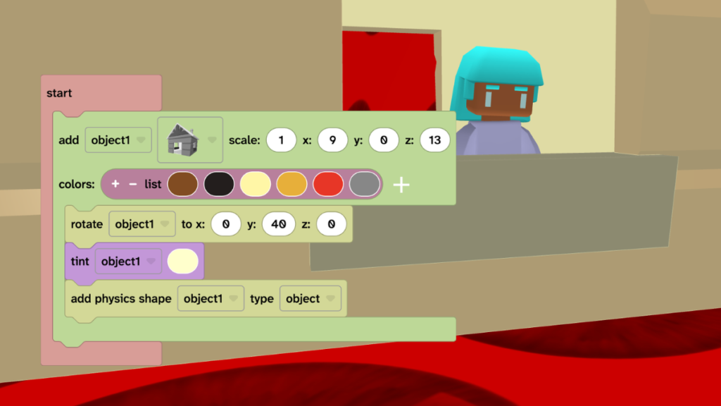The 3D character is shown standing inside the hut. A block has been added to use object as the physics shape.