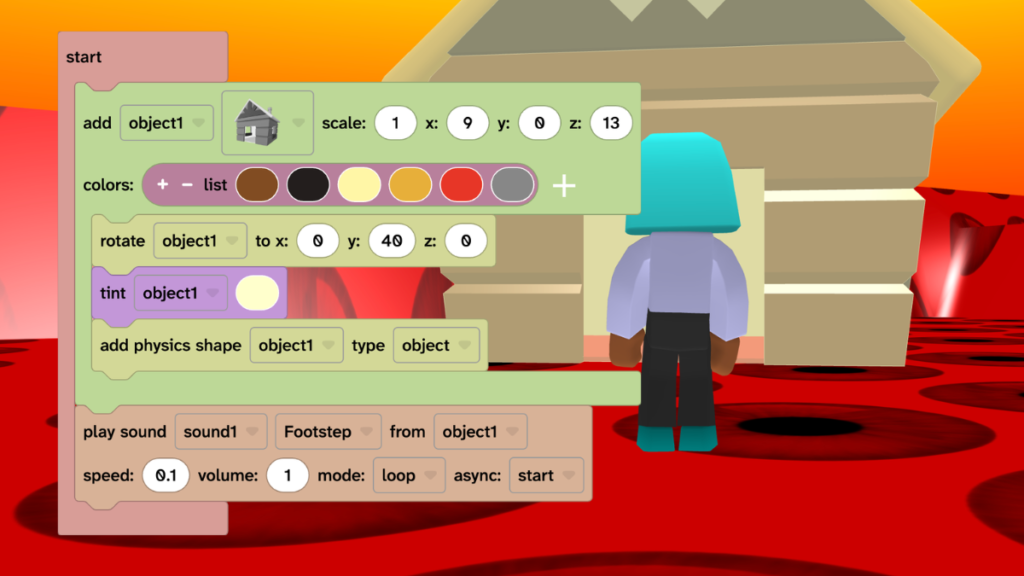 The character is standing outside the hut. A sound block has been added with Footstep sound as per the instructions.