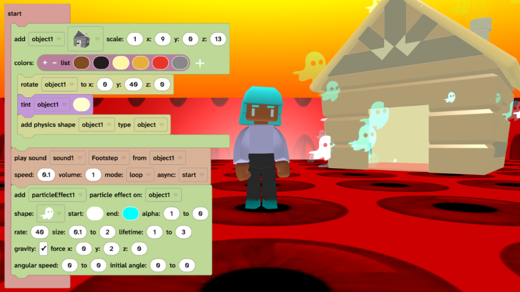 The hut is shown with small ghost 2D characters from particle effects. The code shows the new add particle effect block per the instructions.