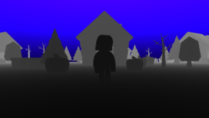 A darkly lit 3D world is shown with fog in the background.
