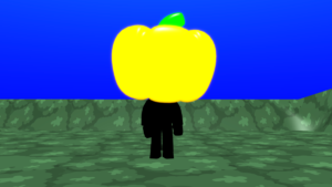 A 3D character in all black with a glowing pumpkin head.