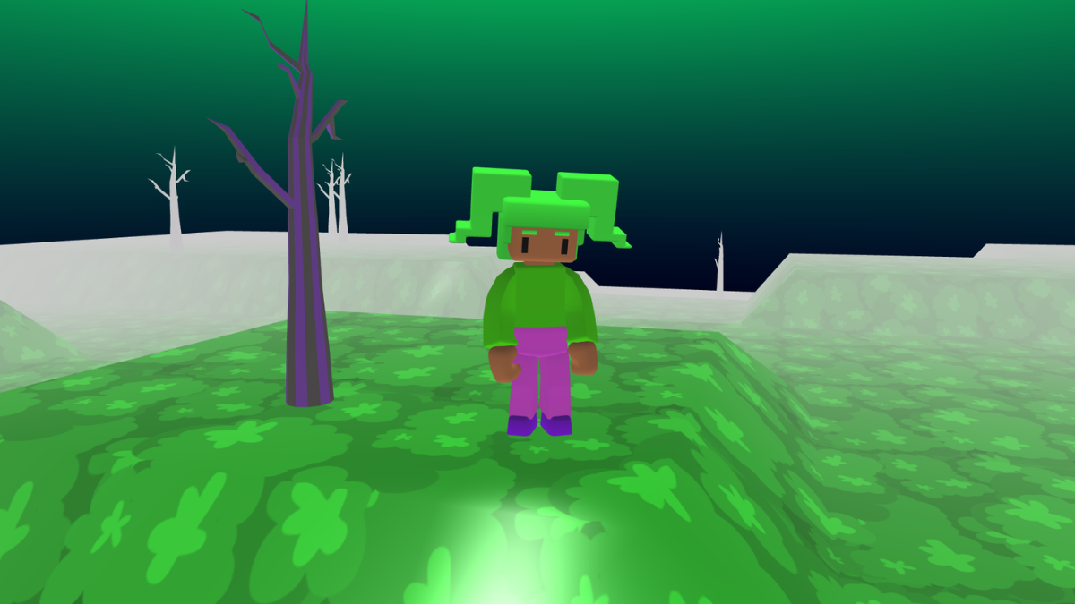 A spooky 3D world with fog and shades of green.