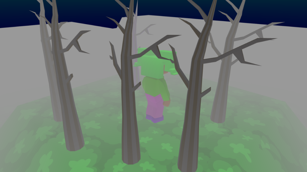 A character is in deep fog surrounded by spooky trees.