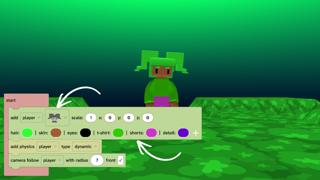 A character with pigtails in a green and pink style.