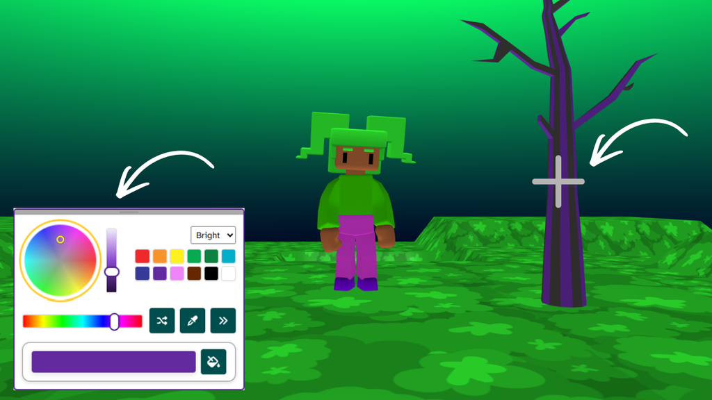 A spooky purple tree with the colour palette to show to press the colour then press on the tree.