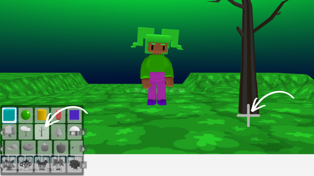 A green spooky 3D world with the twiggy tree added using the + sign.