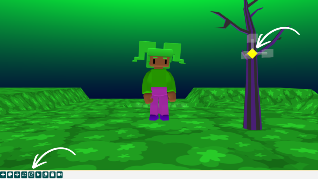 An arrow points to the scale icon under the canvas and another arrow points to the centre diamond on the scale gizmos on the tree.
